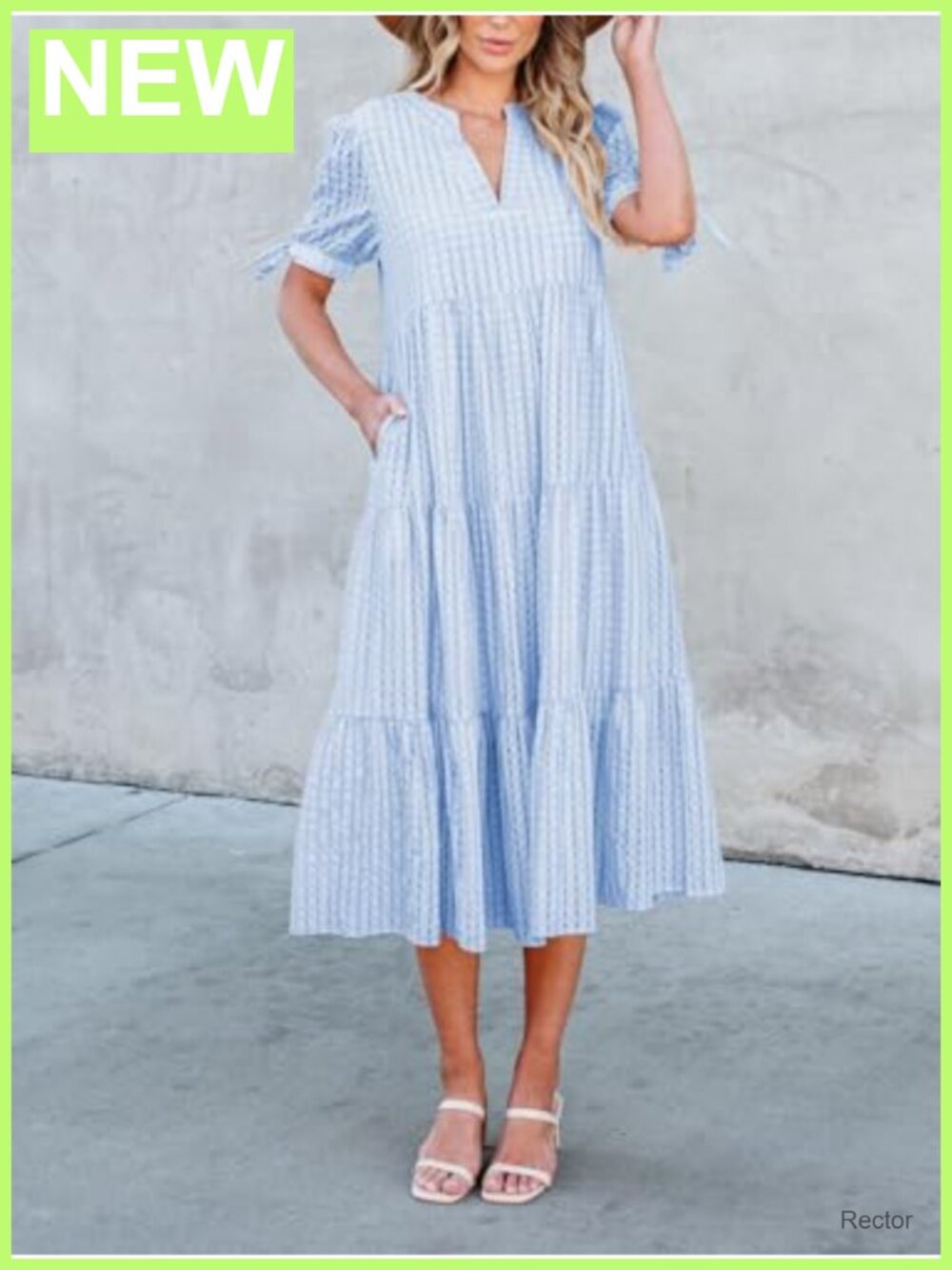 Polyester Midi Dress V-Neck Puff Sleeve Tiered Gingham Spring Summer - Picture 4 of 6